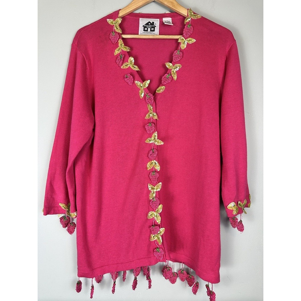 Storybook Knits Strawberry Button Up Embellished Tassels Sweater L Cottagecore
